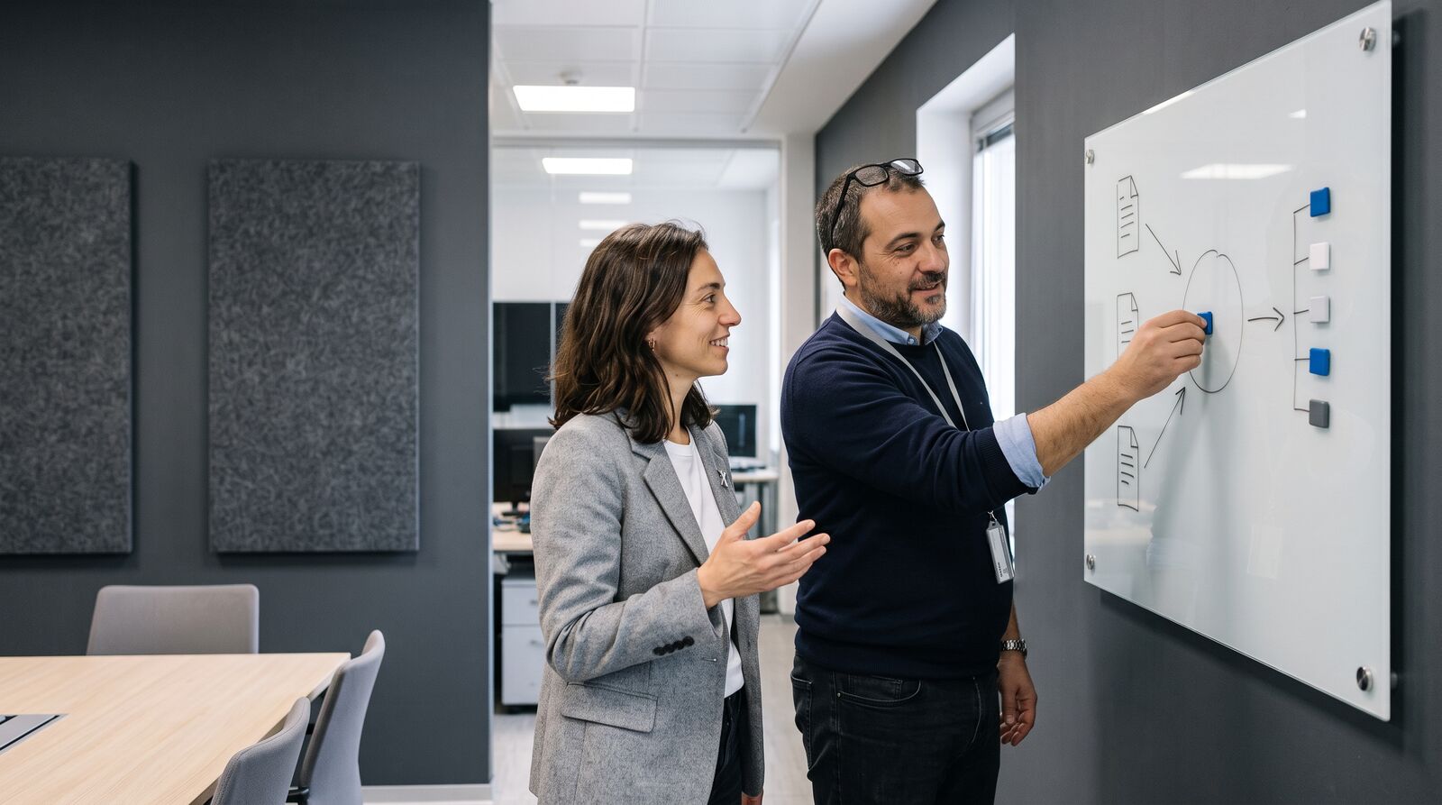 Two professionals at a board with the adoption roadmap on cards.