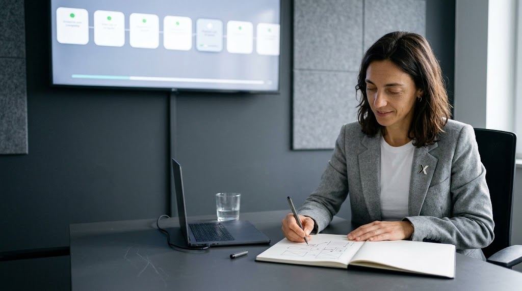 Professional taking notes at a desk, with a screen showing an agent workflow.