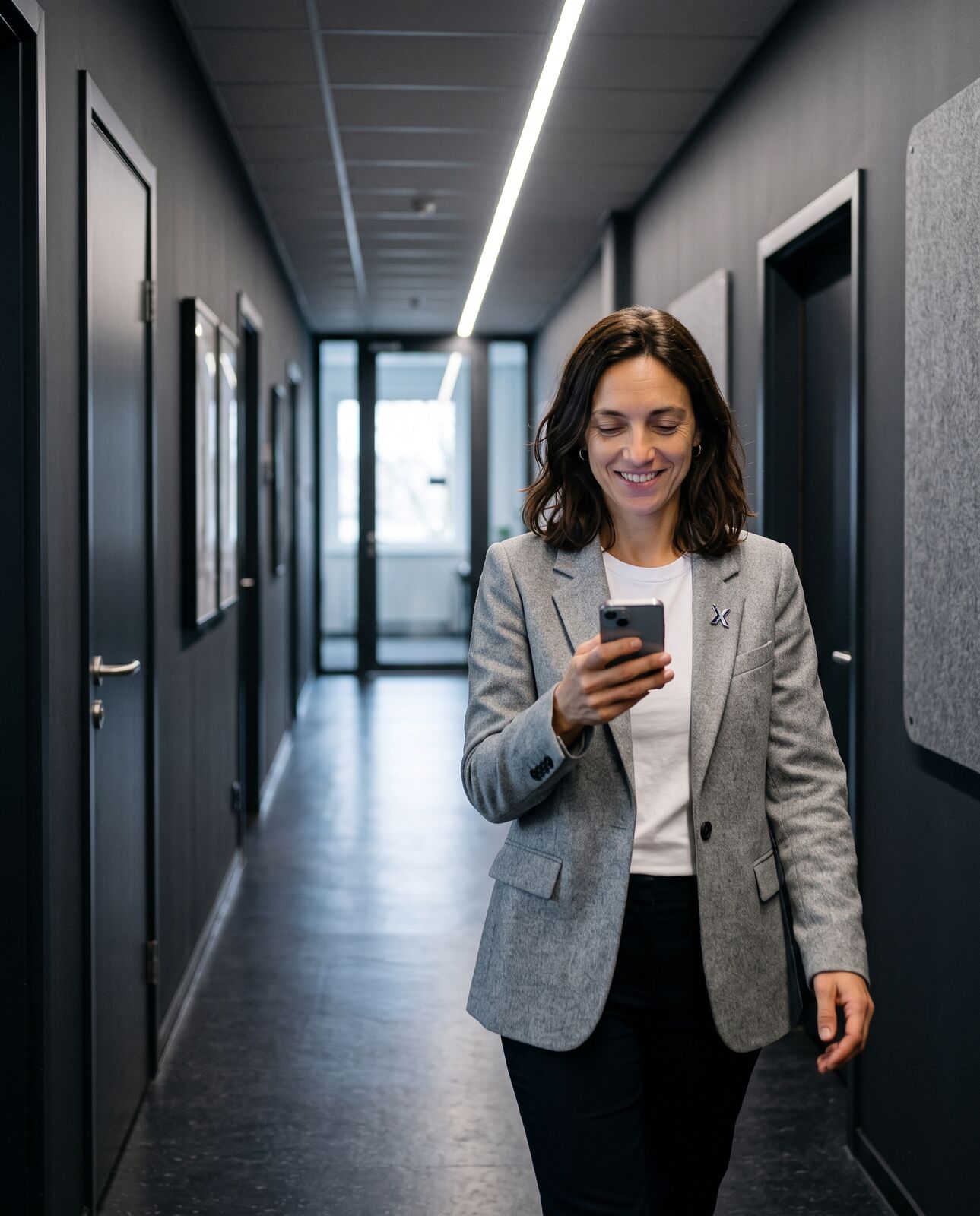 Professional in a corridor checking a phone with a connected email notification.