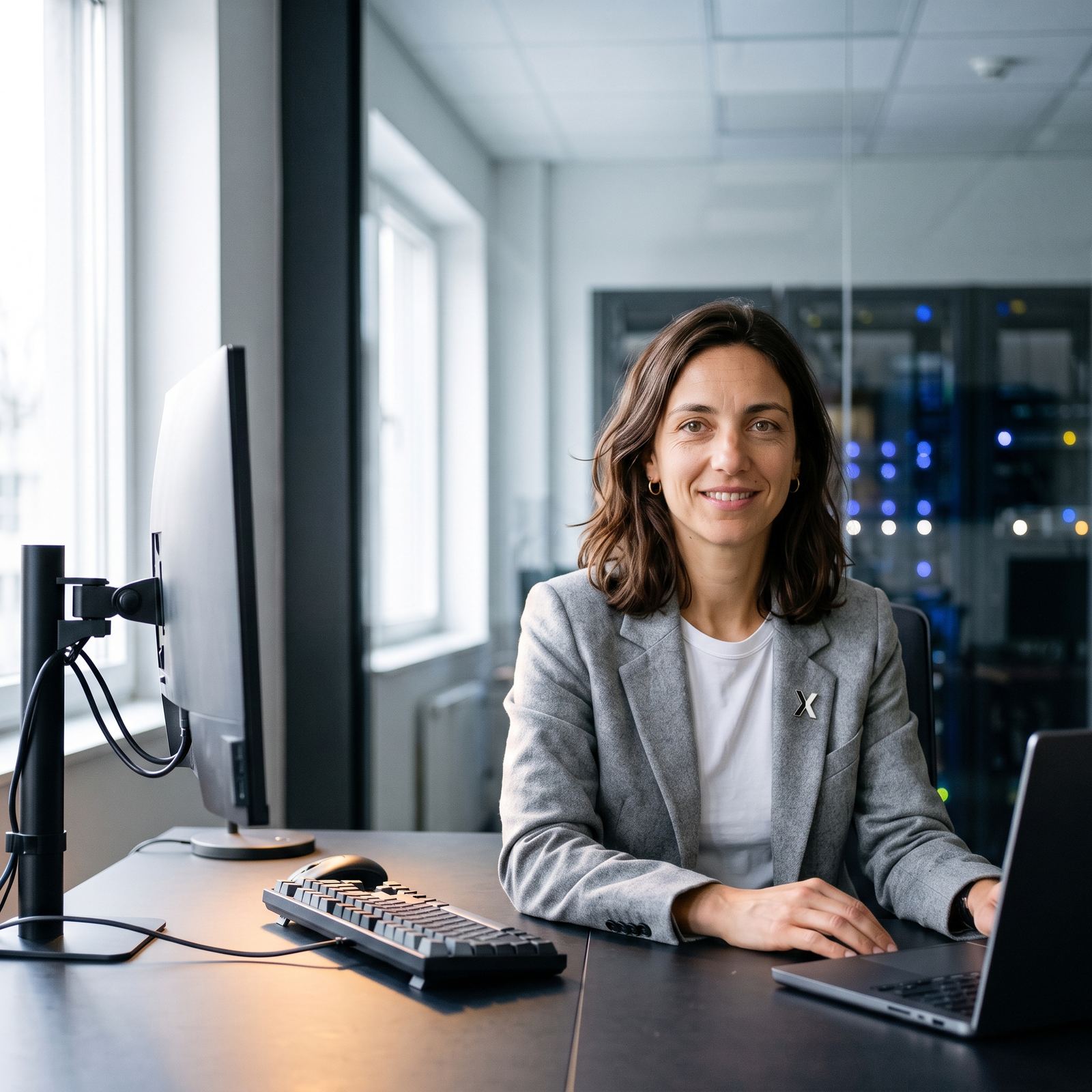 Professional at a desk in an enterprise data center, with server racks in the background.
