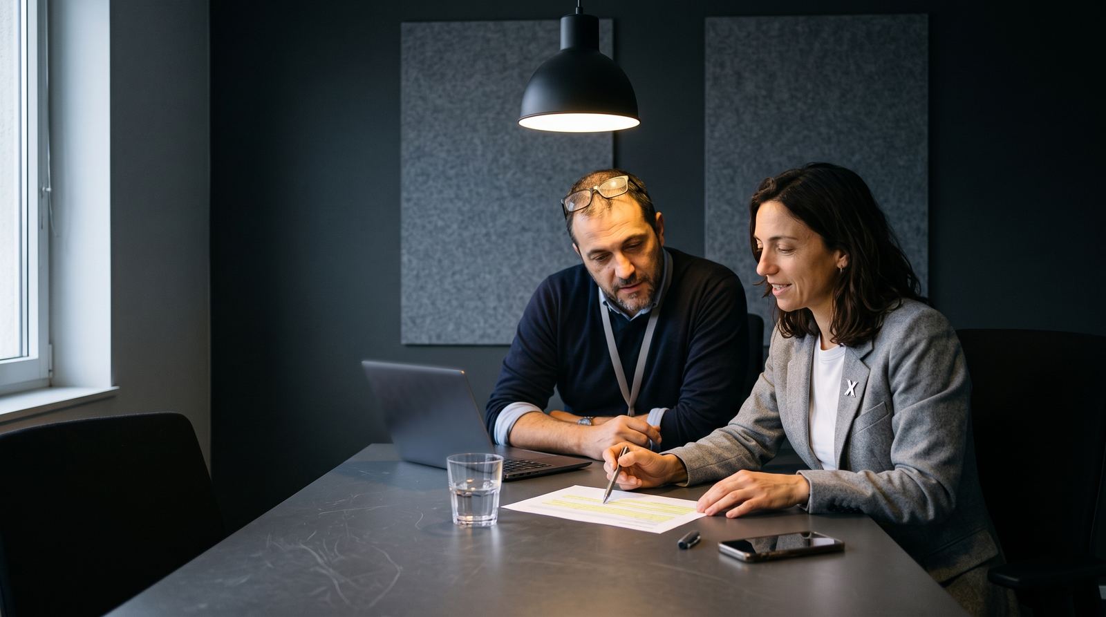 VERIAX consultant and client reviewing legal documents at a table.