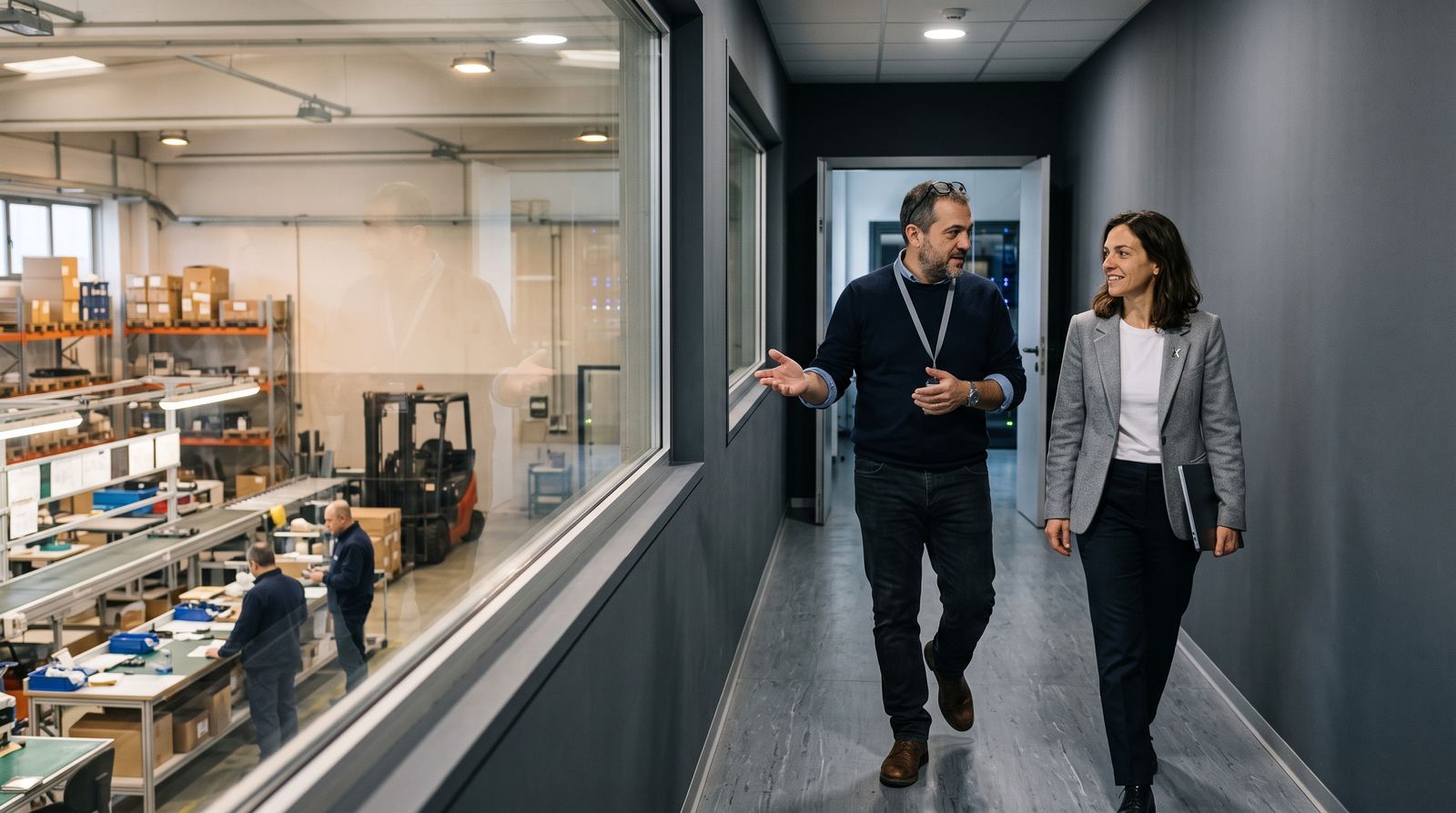 Two professionals in a corporate corridor with a server room and facility visible through glass walls.