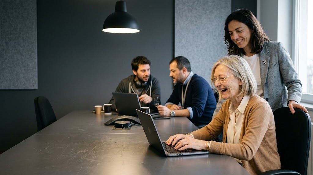 VERIAX trainer assisting a participant at a laptop during a training session.