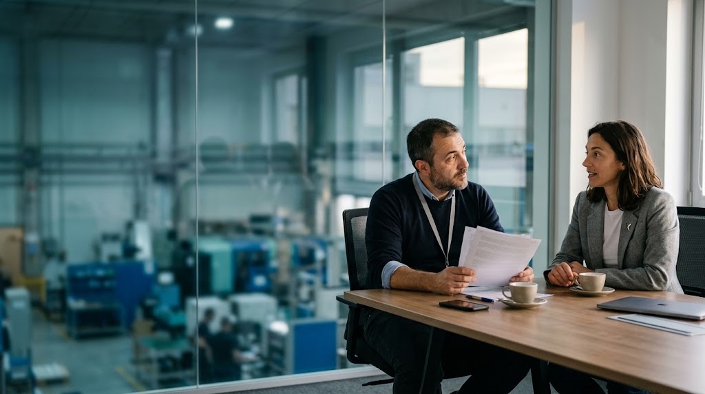 Two professionals at a board with a data-flow diagram toward the cloud.