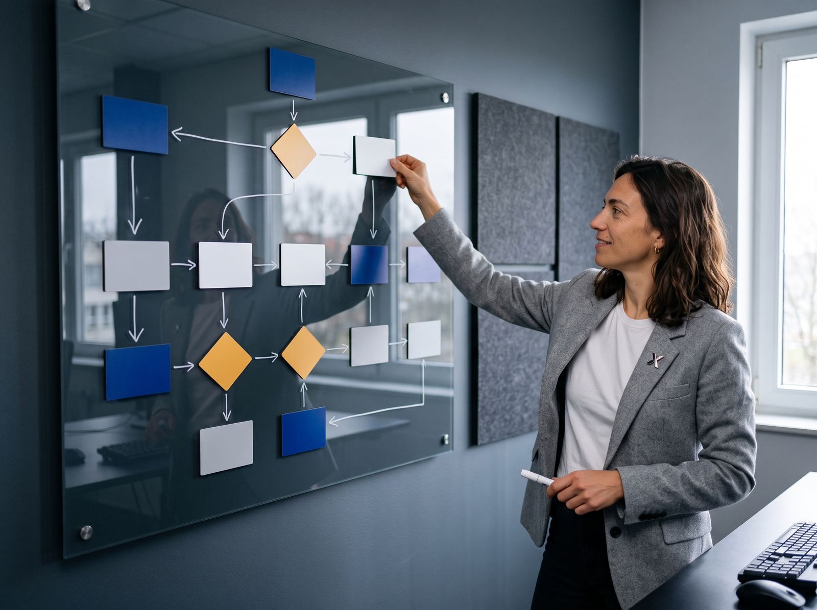 Professional at a glass board with a blue sticky-note process flowchart.